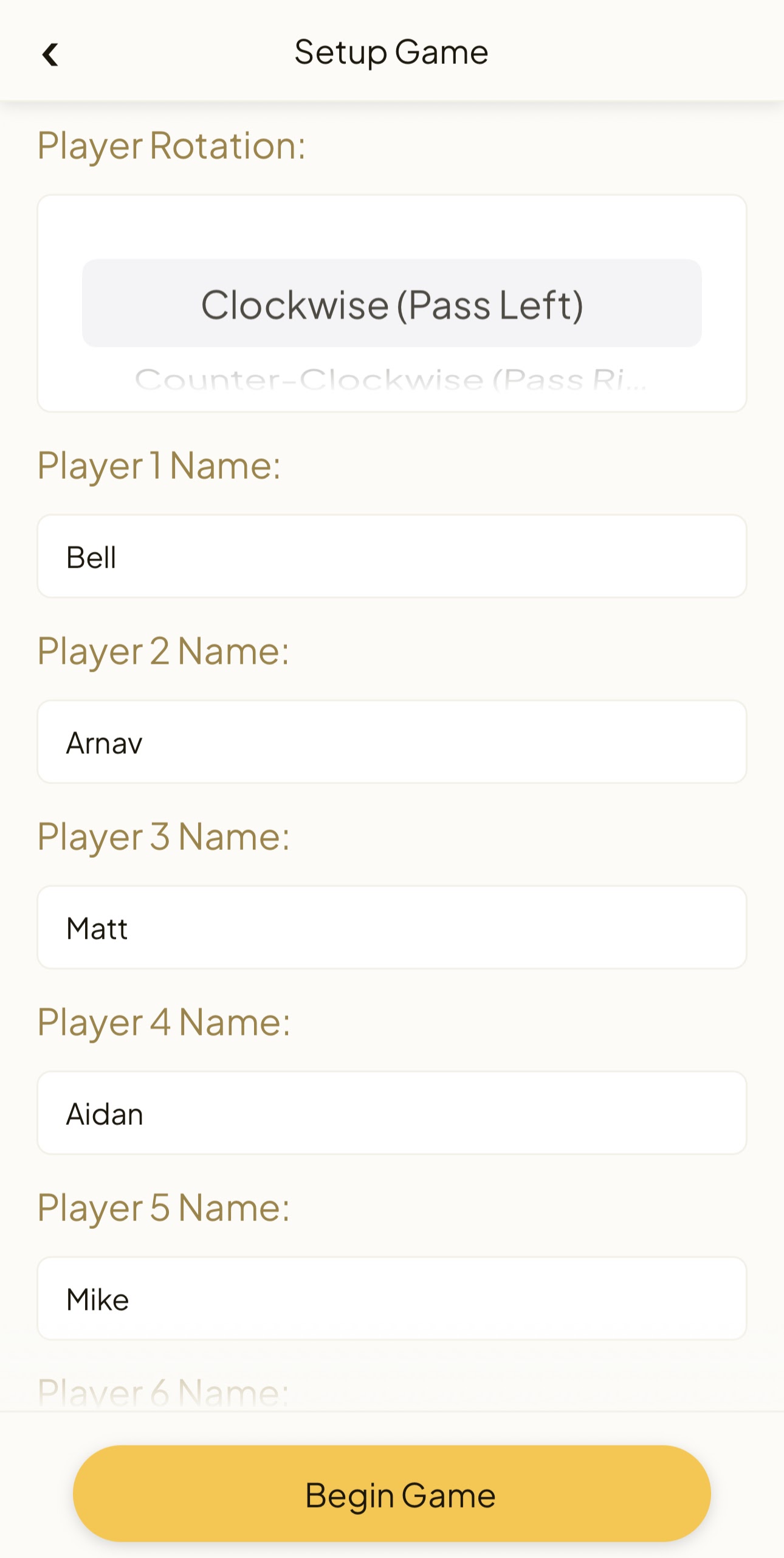 Player Setup Screenshot